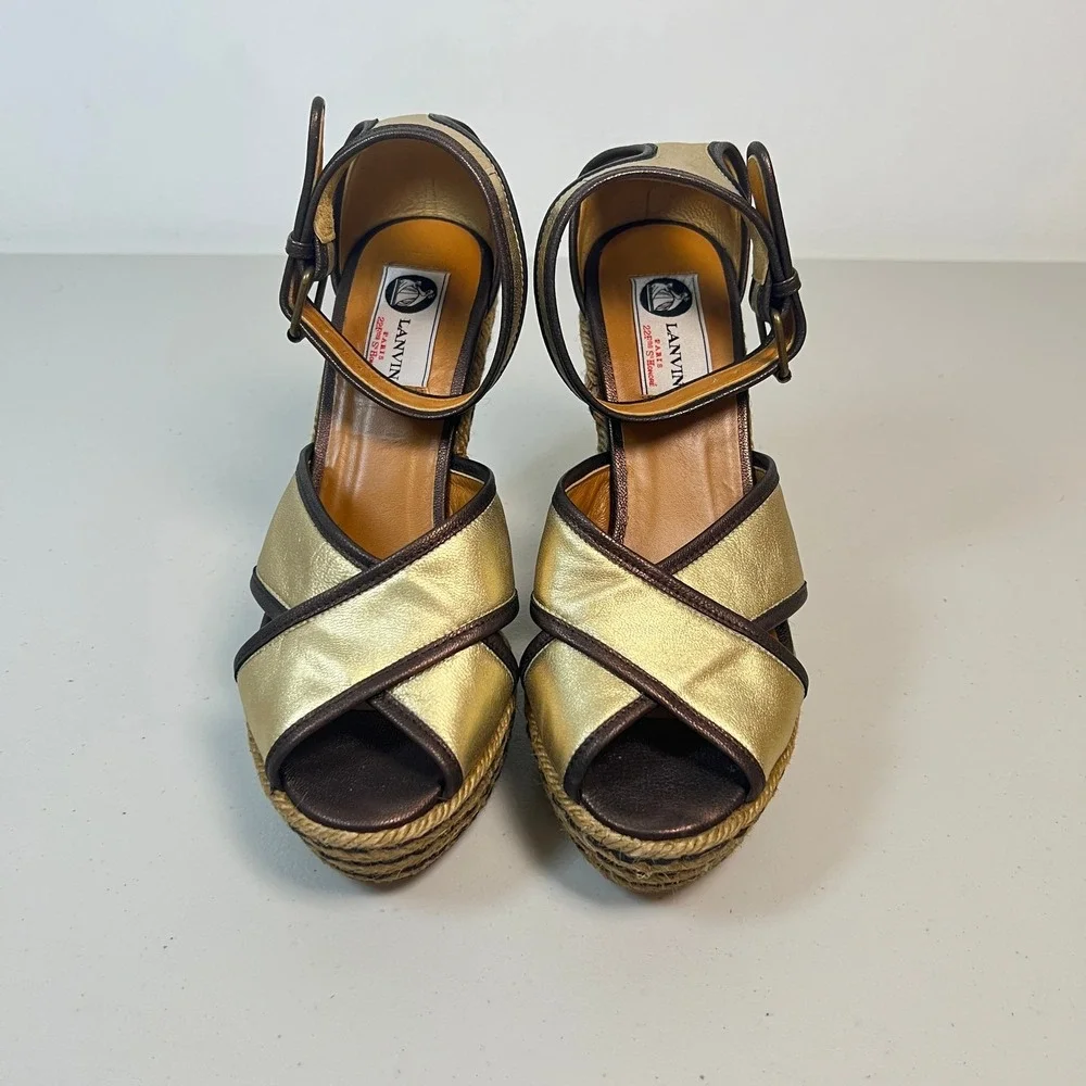 Lanvin Womens Wedge Espadrille Platform‎ Sandal Gold Brown Size 39 8